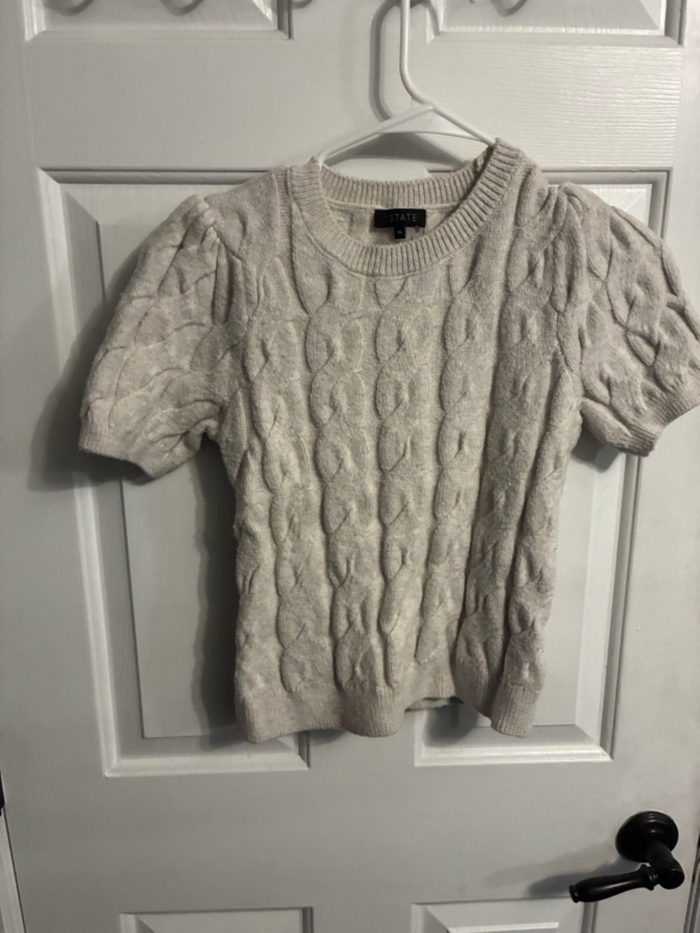STATE Cream Cable-Knit Short Sleeve Crewneck Sweater